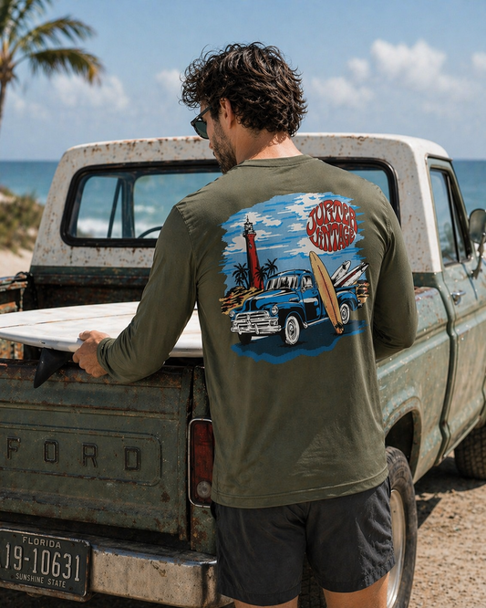 Vintage Lighthouse Pickup Truck - Dry Fit - Military Green